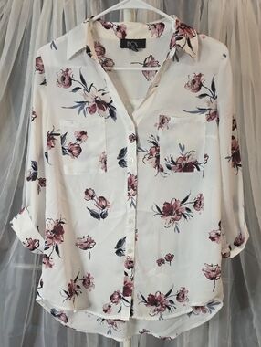 #246 BCX Cream Floral Button-Down Shirt with Pink Blooms